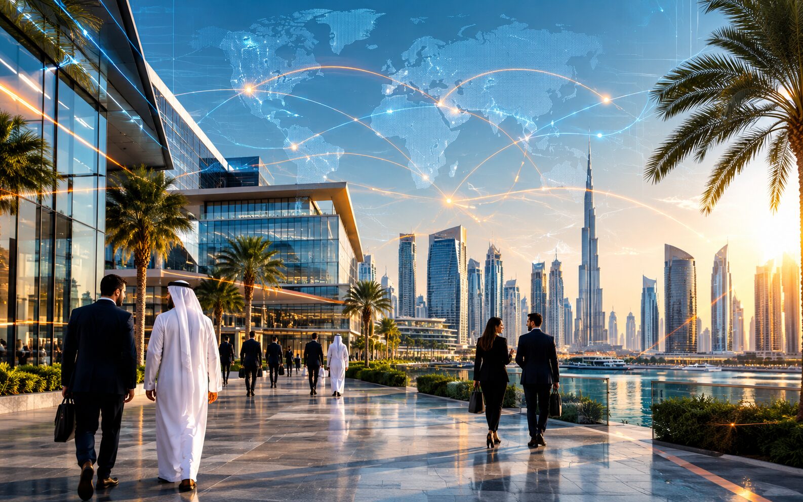 Dubai-inspired business waterfront and professionals
